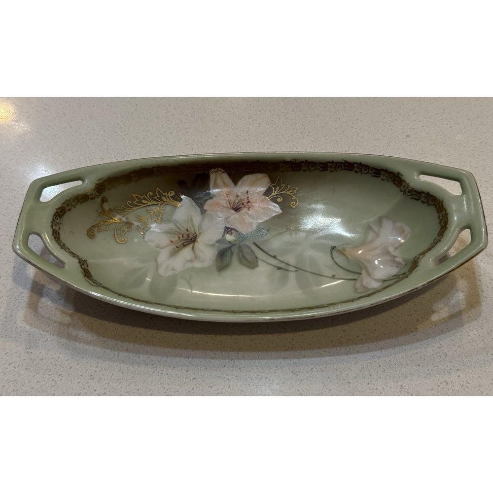 Vintage RS Tillowitz Silesia Dish Rose Relish Oval Cutout Handles Small